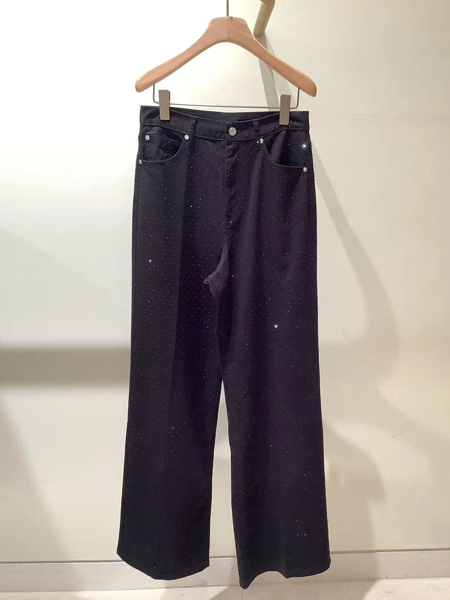 

Faionable Heavy-Du Rhinestone High-Waist Straight-Leg Jeans for Women Autumn New Arrival Casual Pure Color Zipper Fly