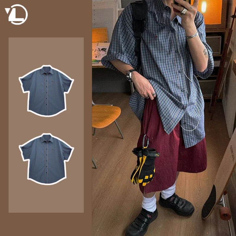 Summer Street Plaid Mens Shirt Jacket Half Sleeve Japanese Harajuku Loose Couples Tops Simplicity Color Blocking Thin Coats Y2k