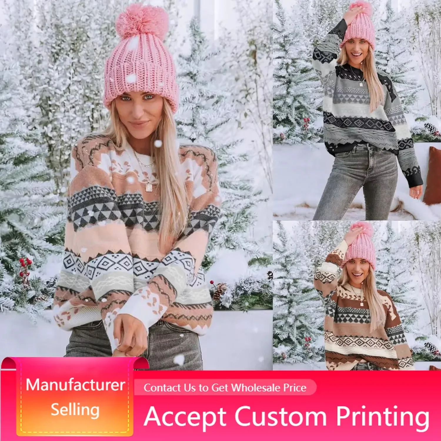 2023 New Winter Sweater Warm Women pullover knitting temperament commuting loose stripe fitting sweater female tops