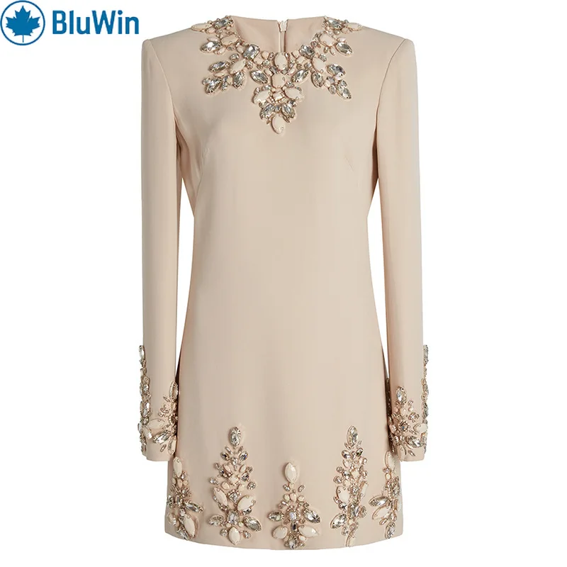 

BluWin Embellished Mini Dress Women Long Sleeve Beaded Neck and Cuffs Straight Shift Cocktail