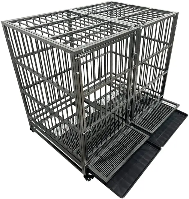 Escape-Proof Dog Crate Cage Kennel for Large Dogs, High Anxiety Dog Crate with Removable Crate Trays, Wheels and Double Door