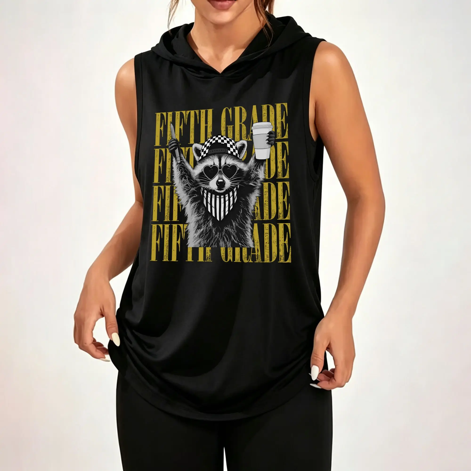 Women Sleeveless Hooded Tank Top, Cool Raccoon Fifth Grade Distressed Letter Graphic Print Casual Loose Hooded Sleeveless Top ****