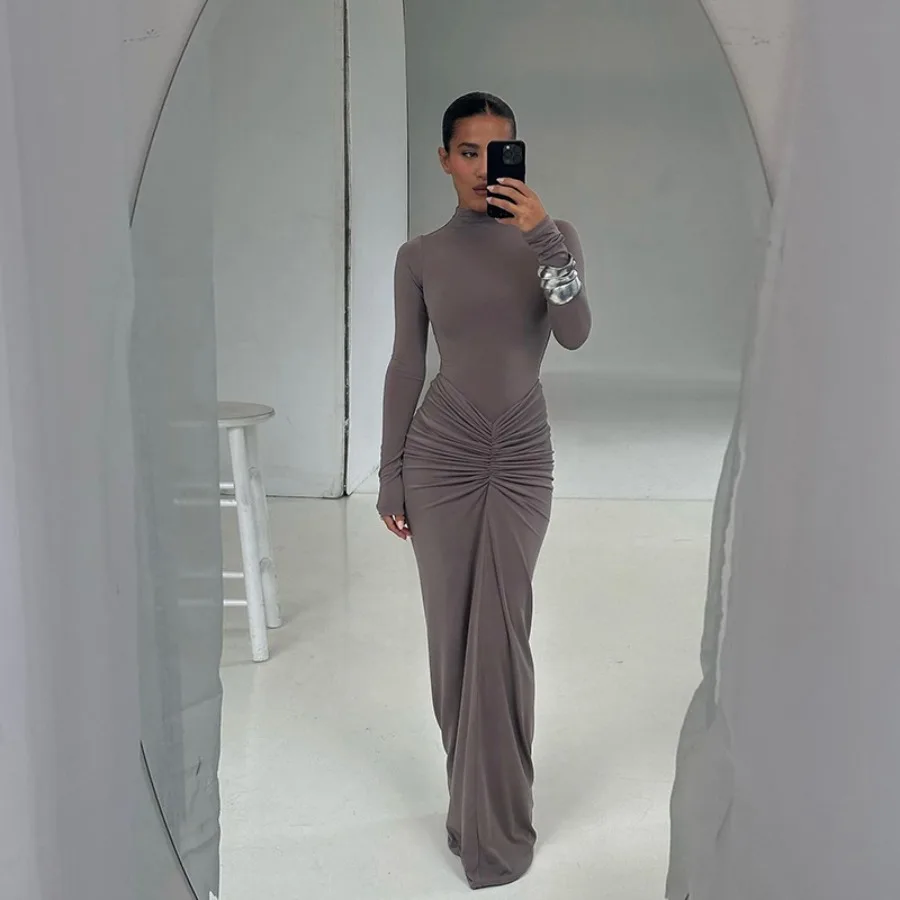 

Autumn and winter new products sexy waist and slimming long dress pure color temperament pleated dress women