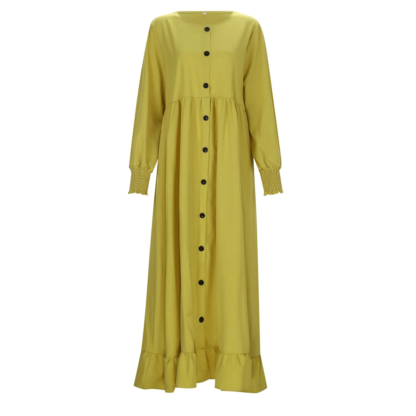 

Women Muslim Dress Cotton Linen New Seasonal Retro Casual Maxi Dress Oversized Long Sleeve Round Neck Ruffle Hem Swing Dresses