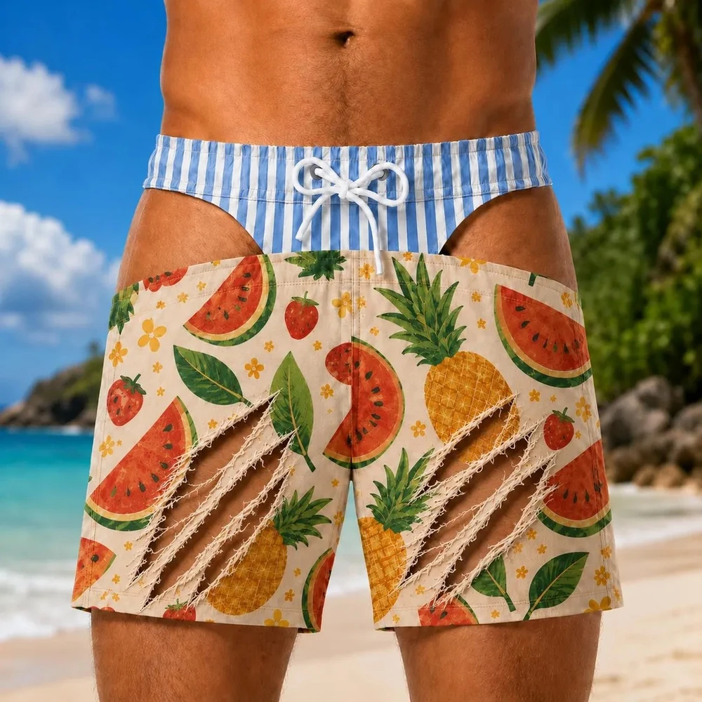 Men Novelty Fake Ripped‑Look Swim Trunks Vivid Tropical Fruit Pattern Funny Swimming Shorts Board Shorts Hilarious Party Gift