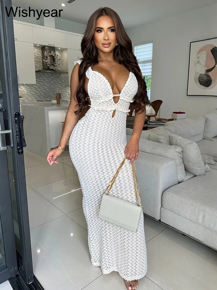 New Elegant Sexy Backless V-Neck Sleeveless Dress for Women See through Autumn Party Club Outfit Birthday Night Prom Even Robe