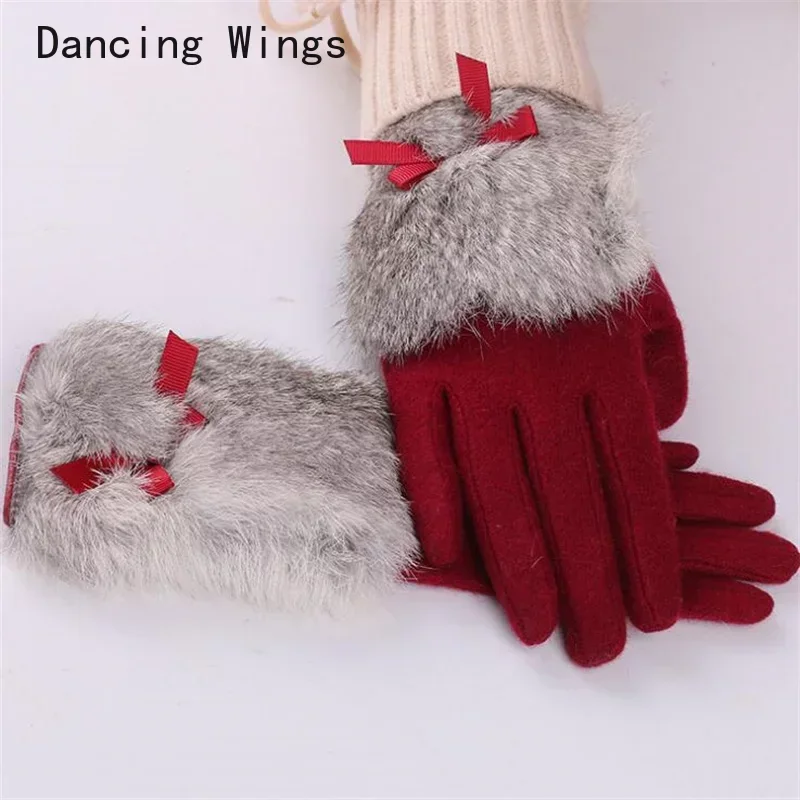 Ladies Cashmere Gloves Female Bow Tie Rabbit Fur Wool Mitten Gloves Winter Windproof Driving Cycling Glove