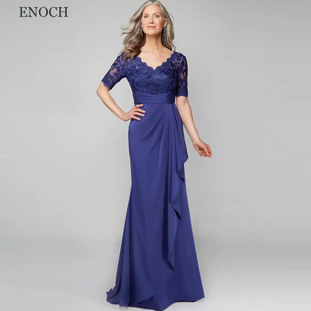 

ENOCH Elegant V-Neck Mermaid Mother Of The Bride Dress Short Sleeves Lace Appliques Wedding Guest Gowns V-Back Vestido De Noche