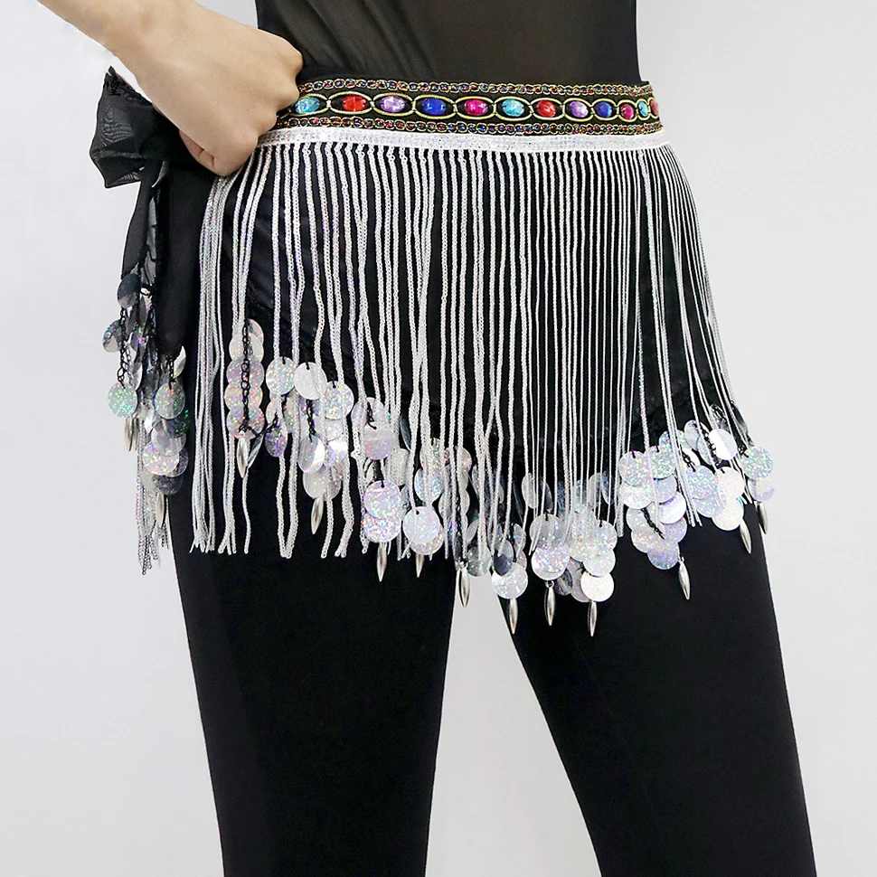 Women Belly Dance Accessories Teardrop Paillettes Coloured Diamond Fringe Wrap Bohemia Belts Coins Hip Scarf with Beads Tassels