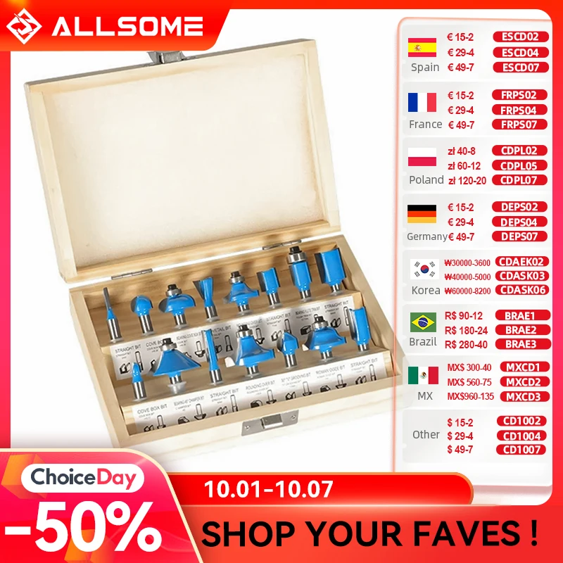 ALLSOME 15 Cái 6.35Mm Chuôi Dao Phay Máy Bộ Router Bit Cho Gỗ Khắc Xay Cắt Thợ Mộc DIY Dụng Cụ