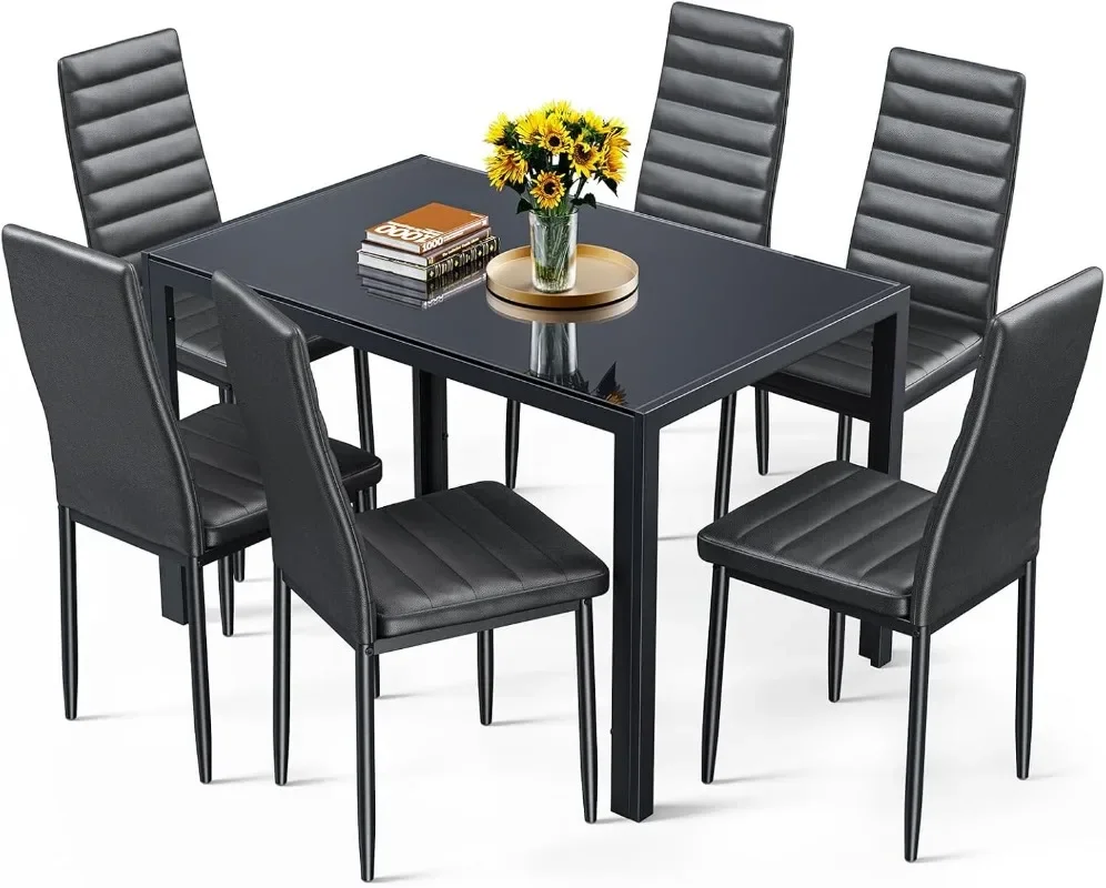 Bealife Kitchen Dining Table Set for 6, Tempered Glass 7 Piece Table and Chairs Set Modern for Home, Kitchen, Living Room