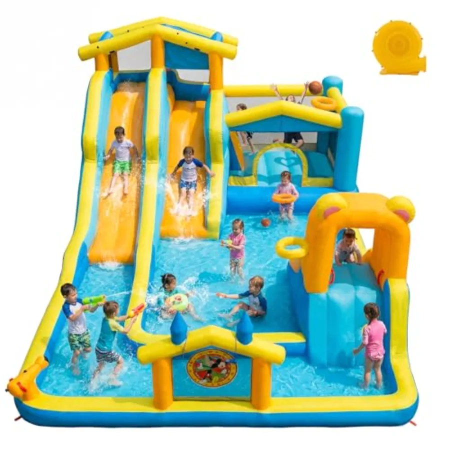 

Надувная водная горка-аттракцион 19.2 футов (6 м) с двумя горками, сине-белая, из ПВХ, для двора, с воздуходувкой 650 Вт, 2 горки, 2 водных бассейна, 2 стены для скалолазания