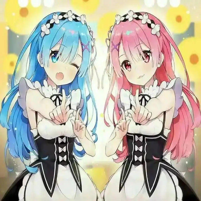 Re:Zero kara Hajimeru Isekai Seikatsu 람 & 렘 롱 코스프레 가발 트윈 팩 애니메이션 풀 헤드 가발