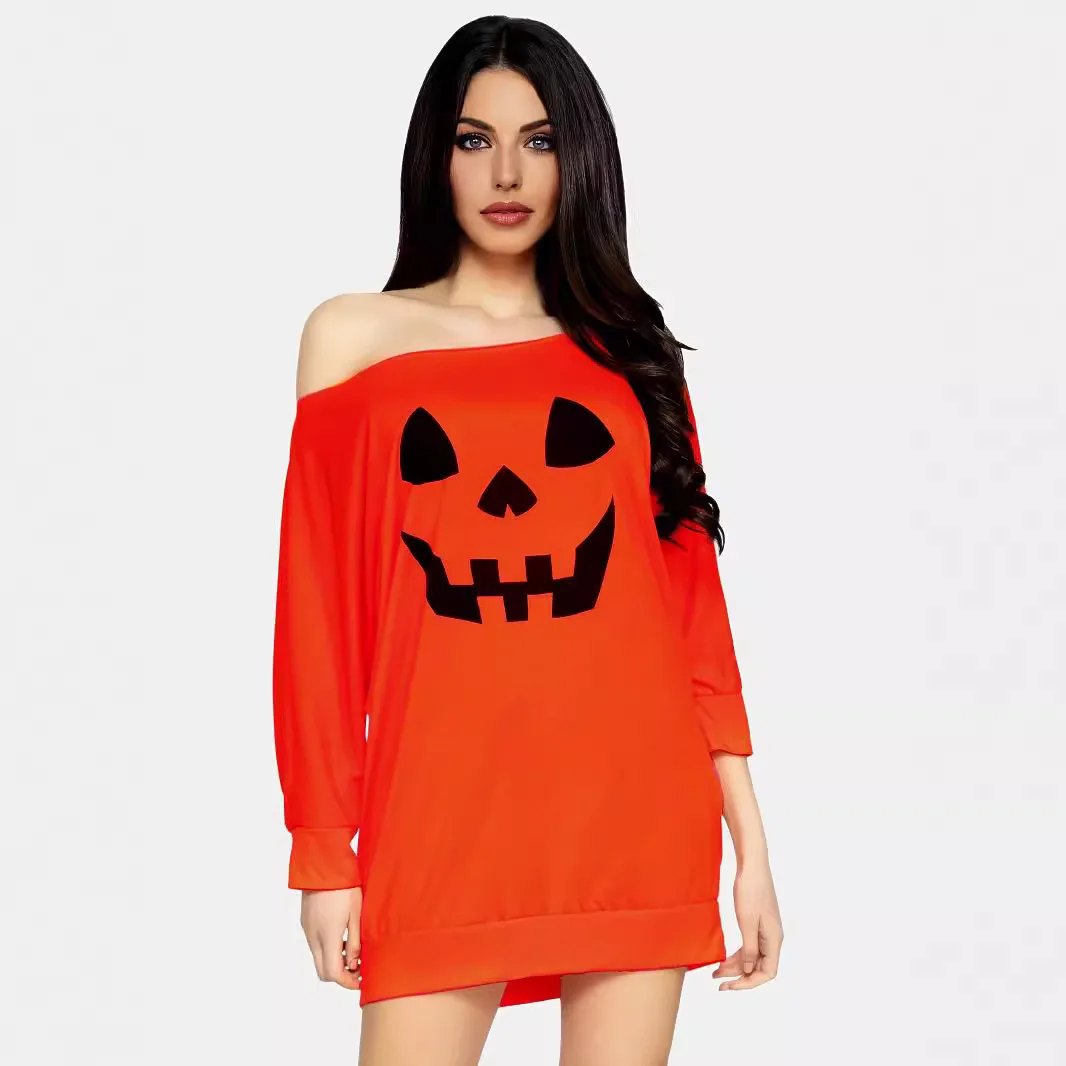 

Women's Pumpkin Print Long Sleeved Slanted Collar Halloween Hoodie Casual T-shirt Top Women