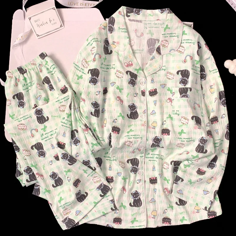 

Spring and Autumn Pajamas for Women Cartoon Girl and Kitten Design Long-Sleeved Set Home Wear Korean Style Ladies Sleepwear