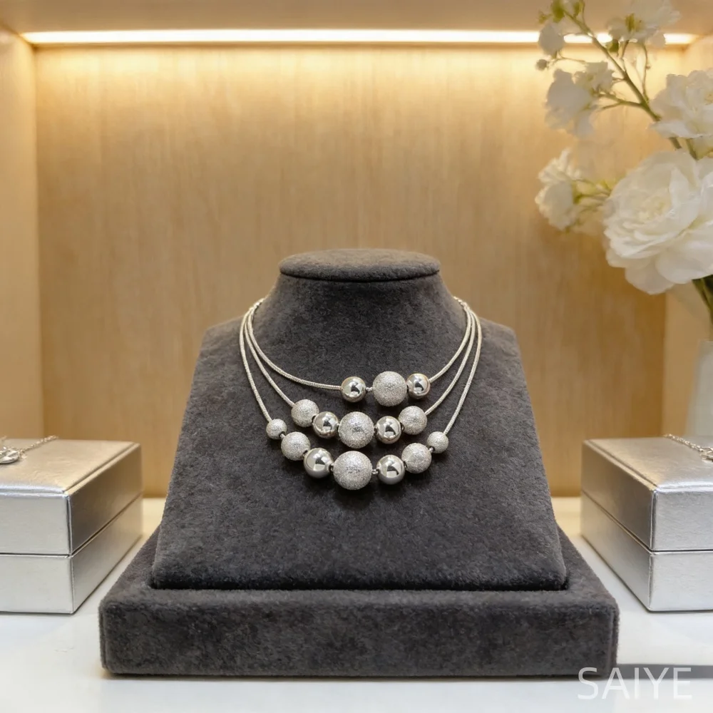 

Luxury 925 Sterling Silver Layered Ball Necklace - Frosted Polished Beads, Elegant Jewelry for Women, Wedding & Party Accessory
