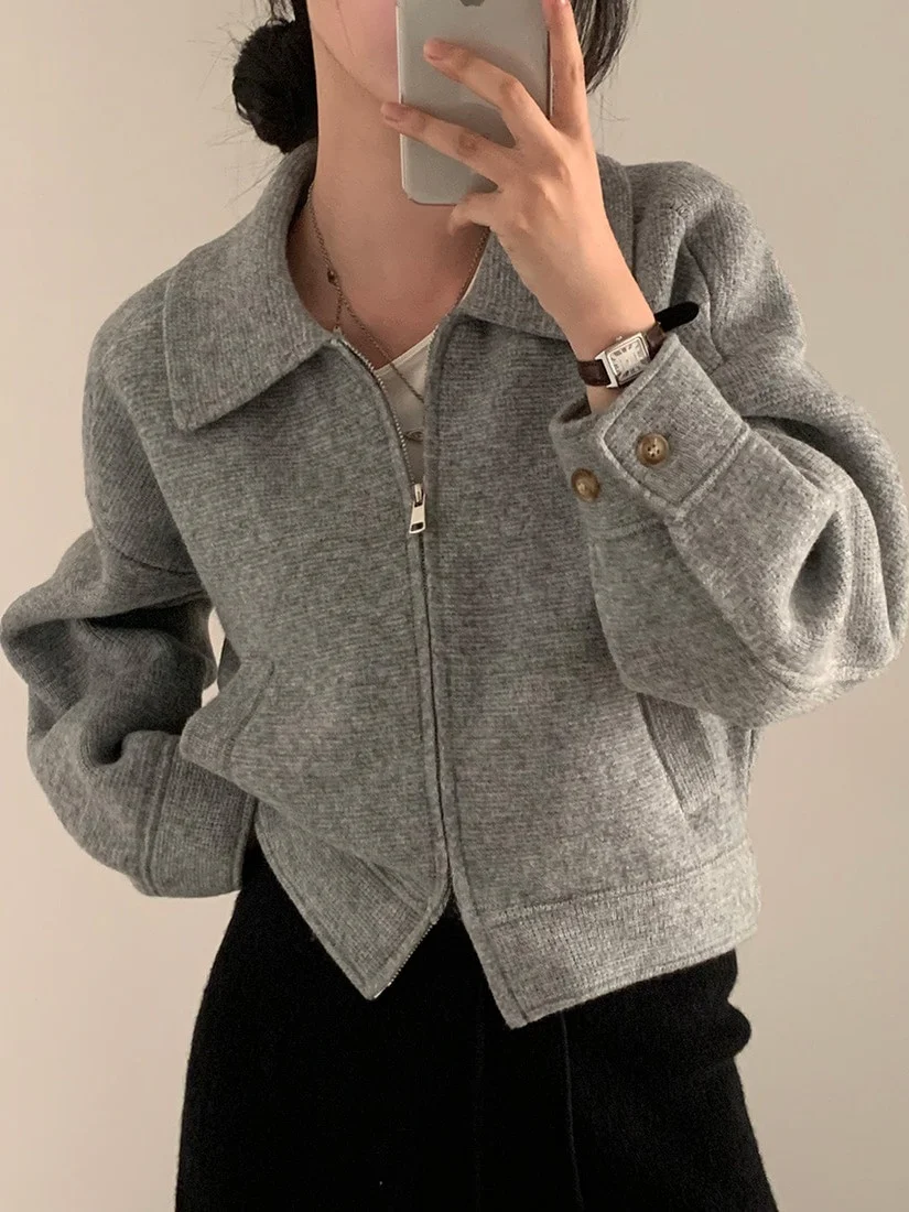 

Кукольный воротник в стиле ретро, женский шикарный осенний новый маленький дизайн на молнии, топ свободного покроя, другой материал, 00% универсальный