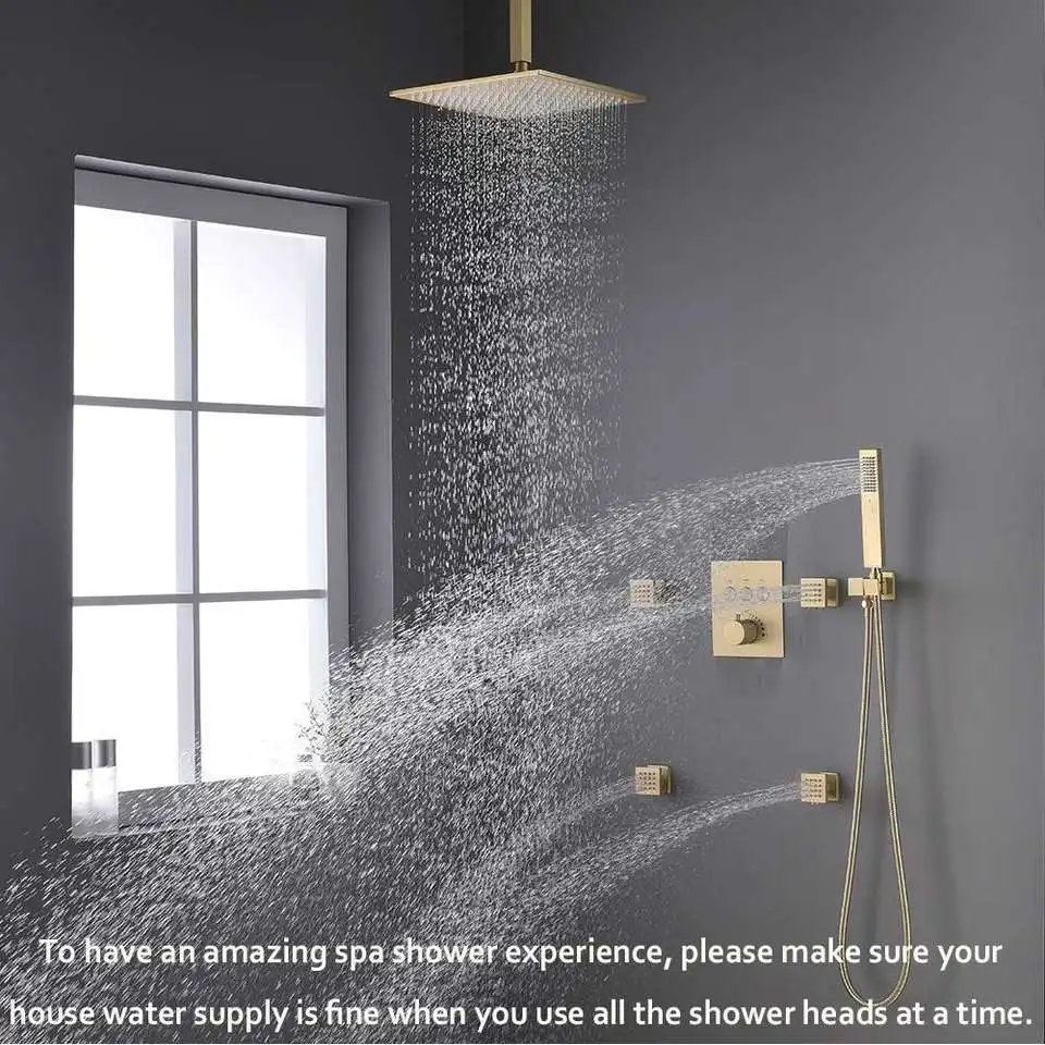 Brushed Gold Complete Wall Mounted Brass Bath Shower Faucet System Concealed Rain Rainfall Showerhead Set Soft Jet Spray