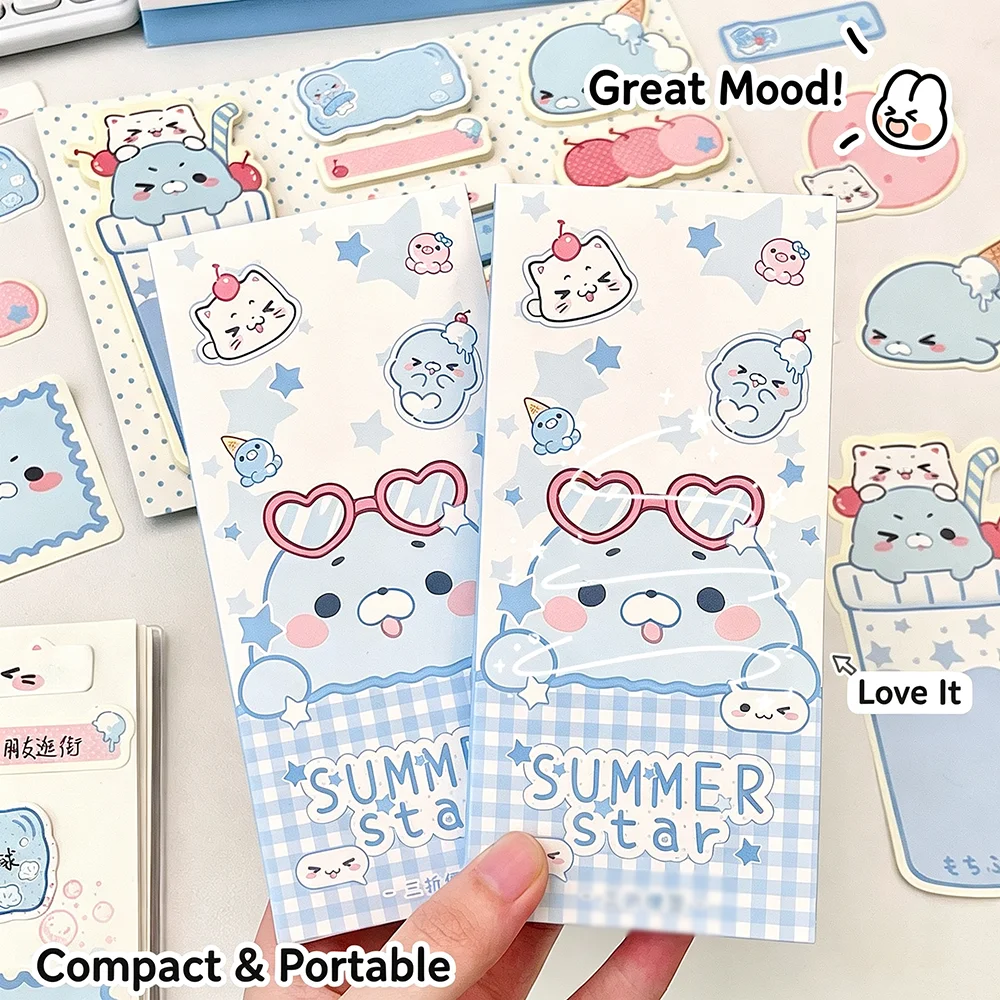 Seal Three fold Memo Notebook Blue and White Cartoon Folding Convenience Sticker Hand Account Collage