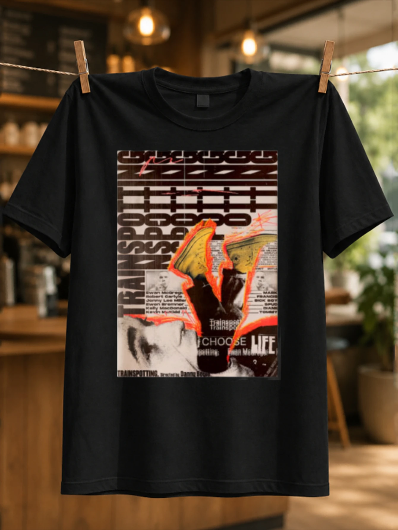 Trainspotting Choose Life collage with upside down boots layered type and orange accents edgy  Unisex All T-Shirt