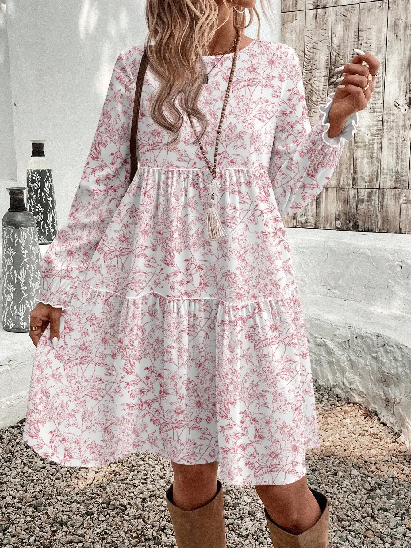 White Pink Floral Print Tiered Midi Dress with Ruffle Sleeves Boho Style