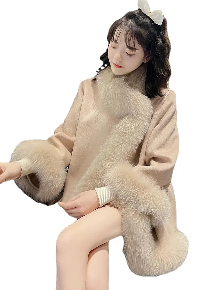 2023 New Winter Korean Version Imitation Fox  Fur Coat for Women's Socialite Shawl, Woolen Woolen Coat