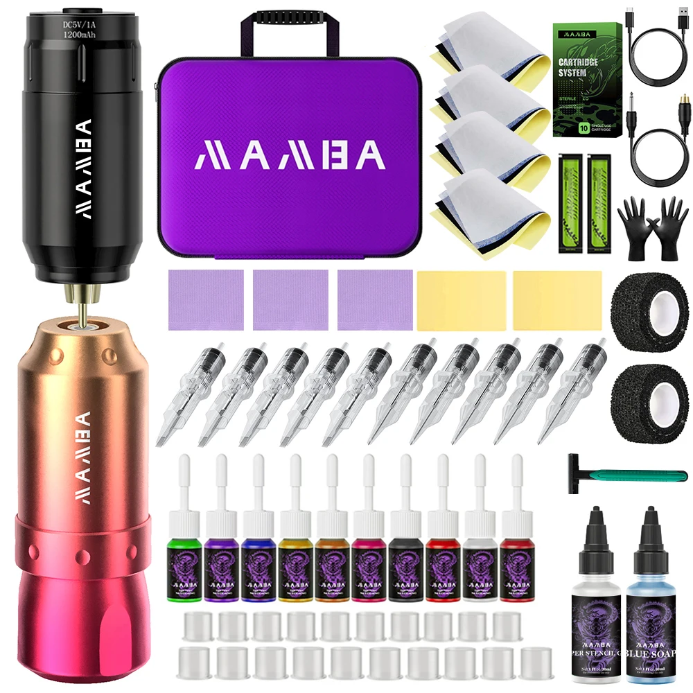 

Комплект беспроводной тату-машины с беспроводной батареей для татуировки емкостью 1200 мАч в комплекте с 5 мл пигментами для татуировки, картриджем, иглой, чашкой для чернил