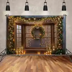 MOON.QG Backdrop Christmas Gold Star Light Village Party Decor for Home Background Candle Flower Wreath Wood Stage Photoshoot