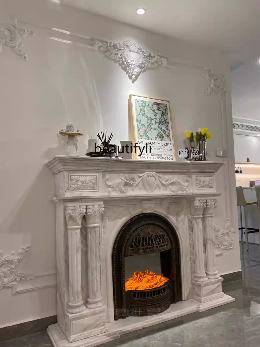 

Marble Fangshan white marble mantel French living room stone carving decorative cabinet customization
