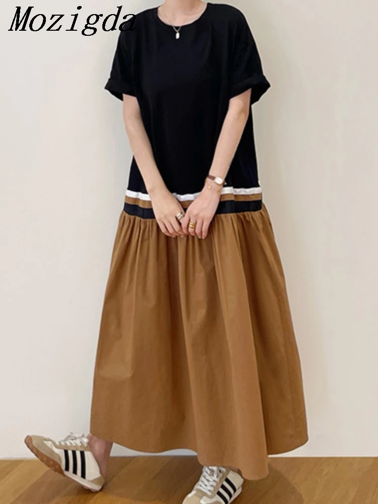 

Oversize summer New Korea Woman Dress Vestidos Robe Elbise Loose Plus Size Short Sleeve Patchwork Long Dress vestidos