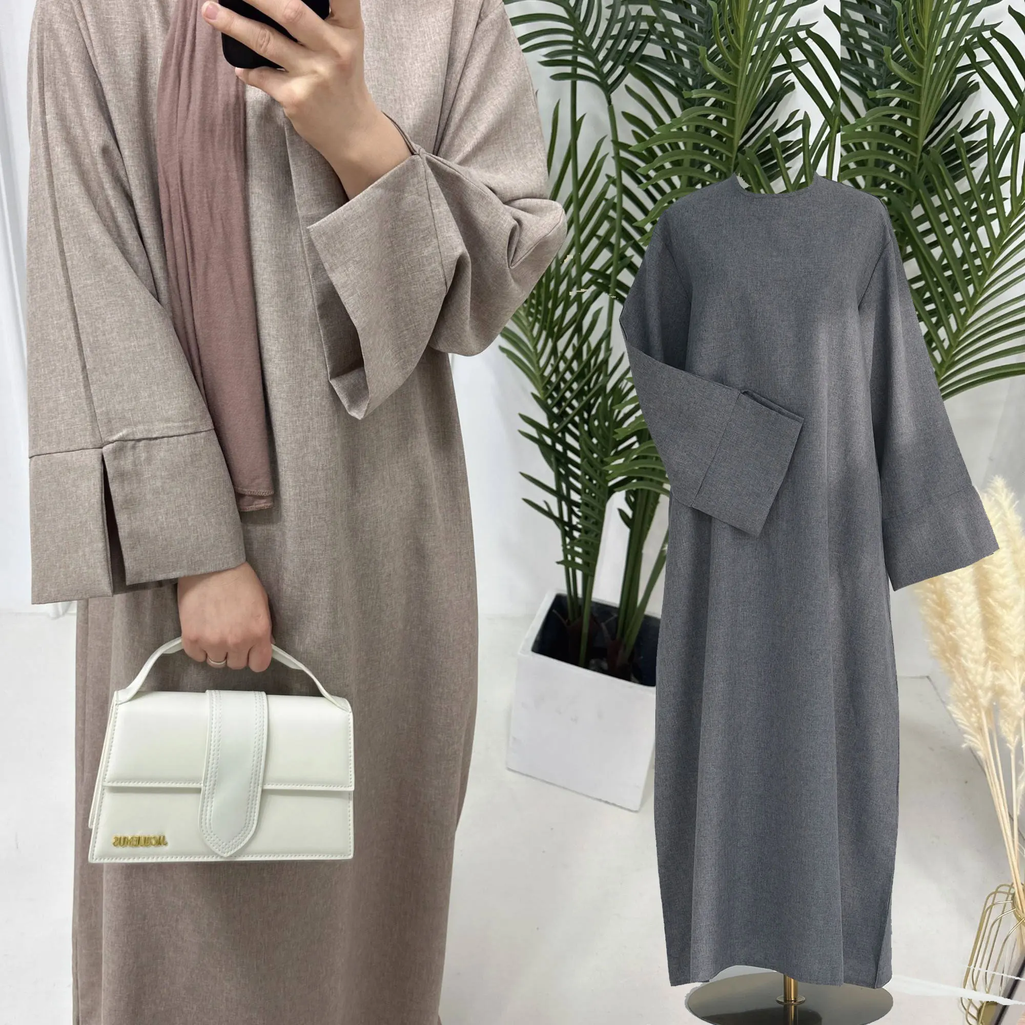 Women Cotton Linen Casual Abaya Fashion Designer Breathable Modest Basic Maxi Dress Elegant Lady Islamic Kaftan Femme Musulman