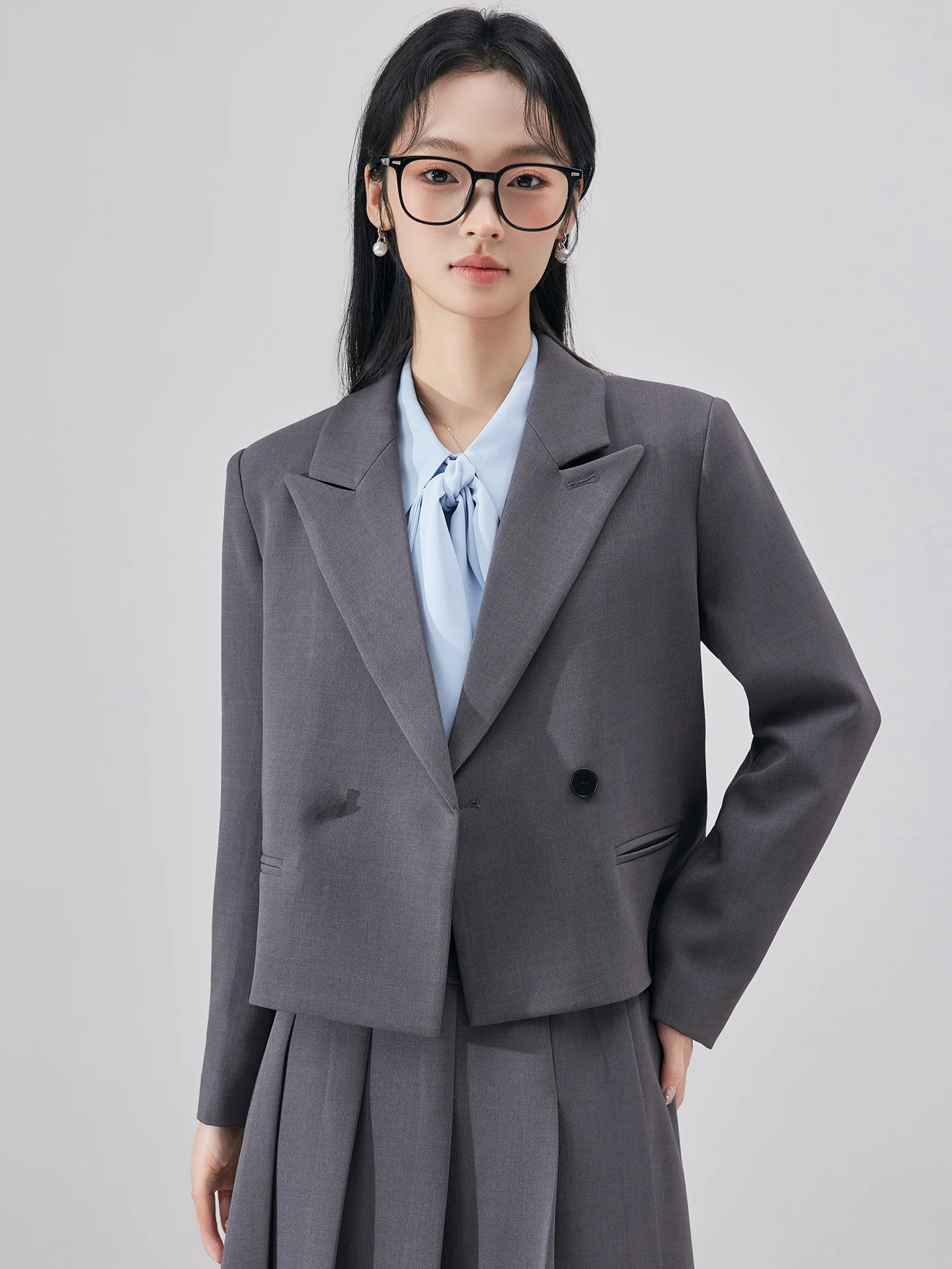 

Gray Suit Jacket Women's Short Commute Interview Formal Wear Polyester Fabric Straight Cut Long Sleeve Button Pocket Detail