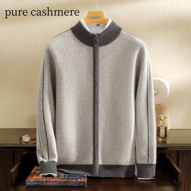 عالية الجودة 100% سترة الكشمير المعنقة الرجال نصف عالية الرقبة سستة سترة 2025 الخريف/الشتاء سميكة الدافئة المتناقضة سترة