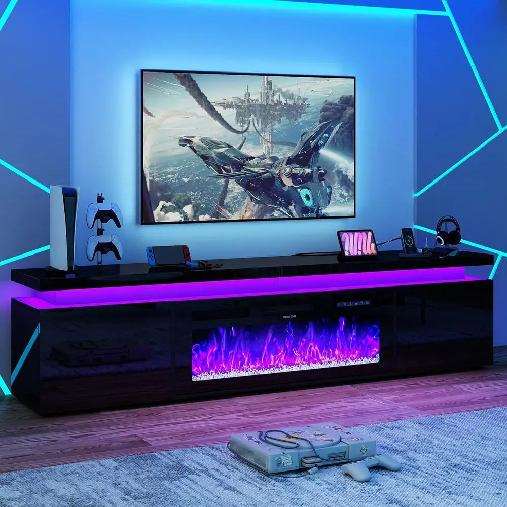 83 Black Electric Fireplace TV Stand with Power Outlet, 40 Insert, High Gloss Finish, 2 Cabinets, Modern Style