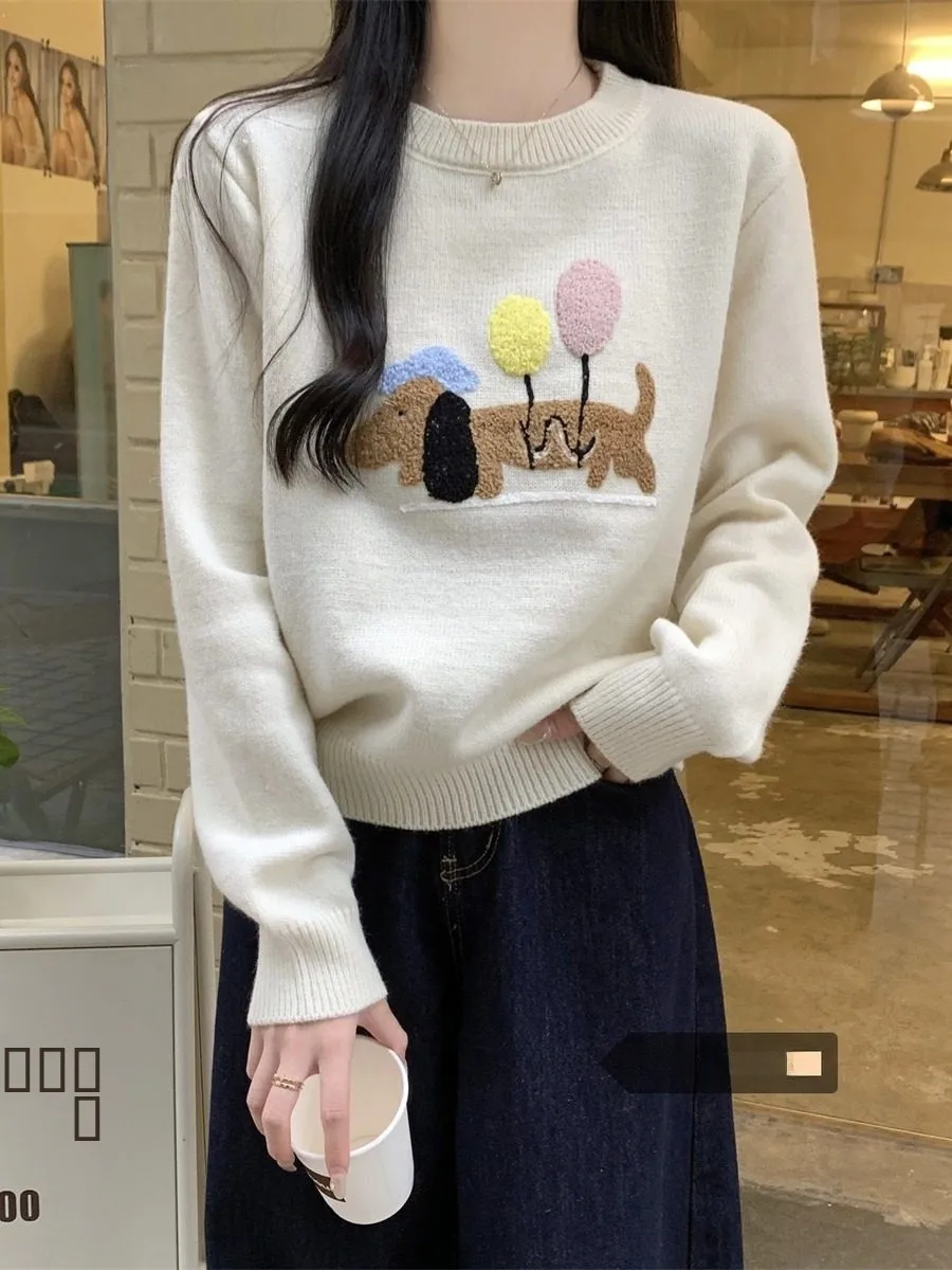 

Свободный вязаный свитер, женский круглый Ne Long Sve Fce, теплый зимний модный корейский топ с уникальной мультяшной вышивкой