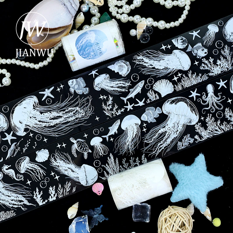 JIANWU 60mm*200cm Vintage Traces in Water Jellyfish Landscape Material Collage Scrapbooking PET Tape Creative Journal Stationery