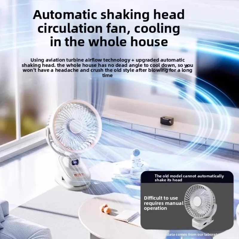 Ventilateur portatif à pince USB, Mini ventilateur Rechargeable ABS, tête secouante avec affichage numérique, vent librement réglable, ventilateur mural confortable pour l'intérieur