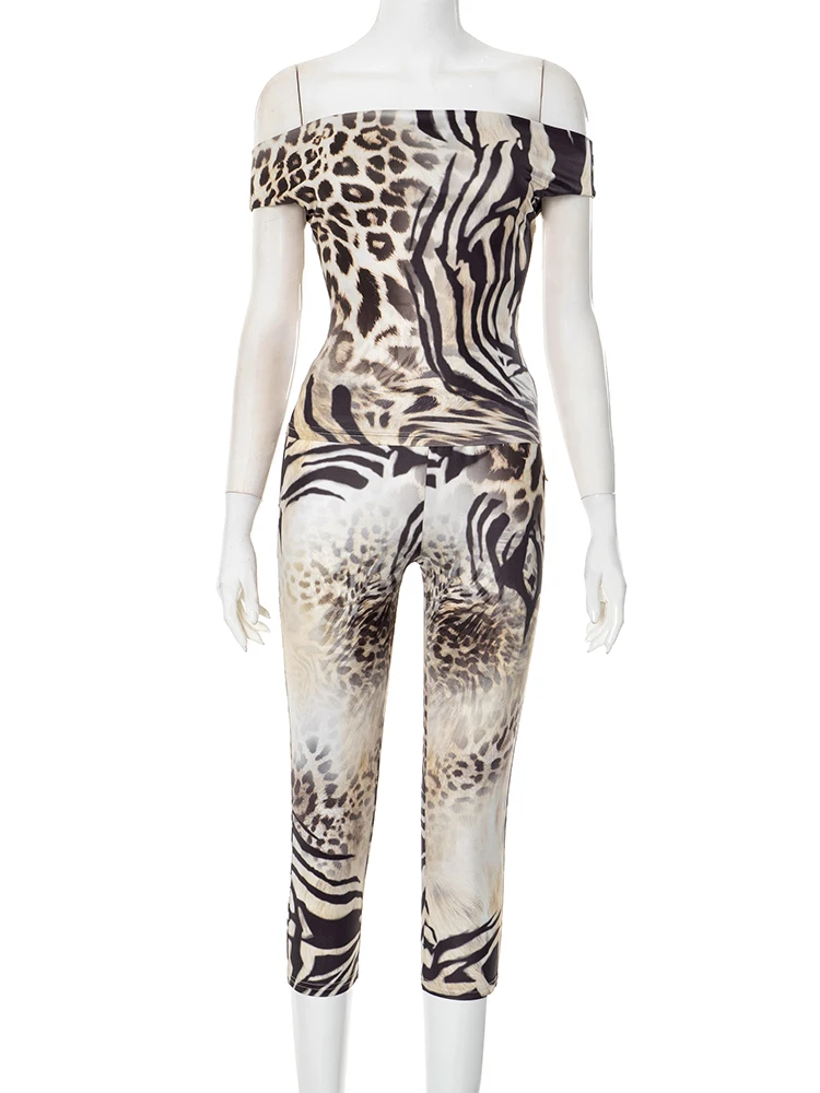 Macheda セクシーなファッション 2 点セット女性ヒョウ柄スラッシュネック背中の開いたトップ + スキニーピーチヒップパンツミッドナイトクラブパーティー衣装