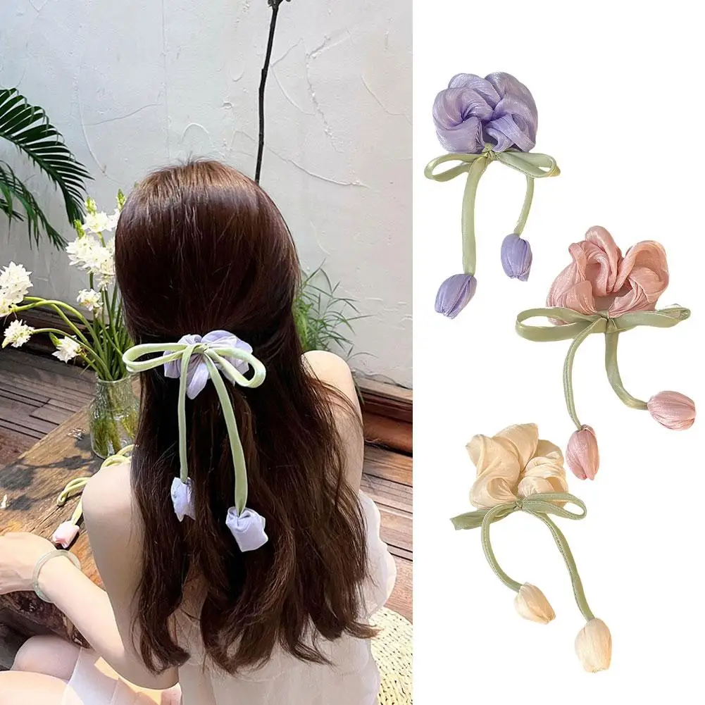 Tulip Large Intestine Hairband Head Rope Female Tie Butterfly Satin Leather Hair Tie Sweet Headwear Cute Ponytail and Knot I3P2