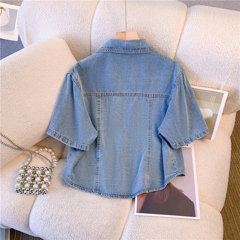 Vintage Denim Coat Women Korean Casual Waistcoat Slim Short Sleeve Female Turn Down Collar Jeans Jacket Coat Sunscreen Cardigan
