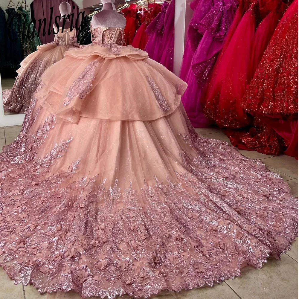 Sparkly Blush Quinceanera Dress 2023 Ball Gown Appliques Beading Sequins Puffy Skirt Sweet 15 16 Dress Vestido