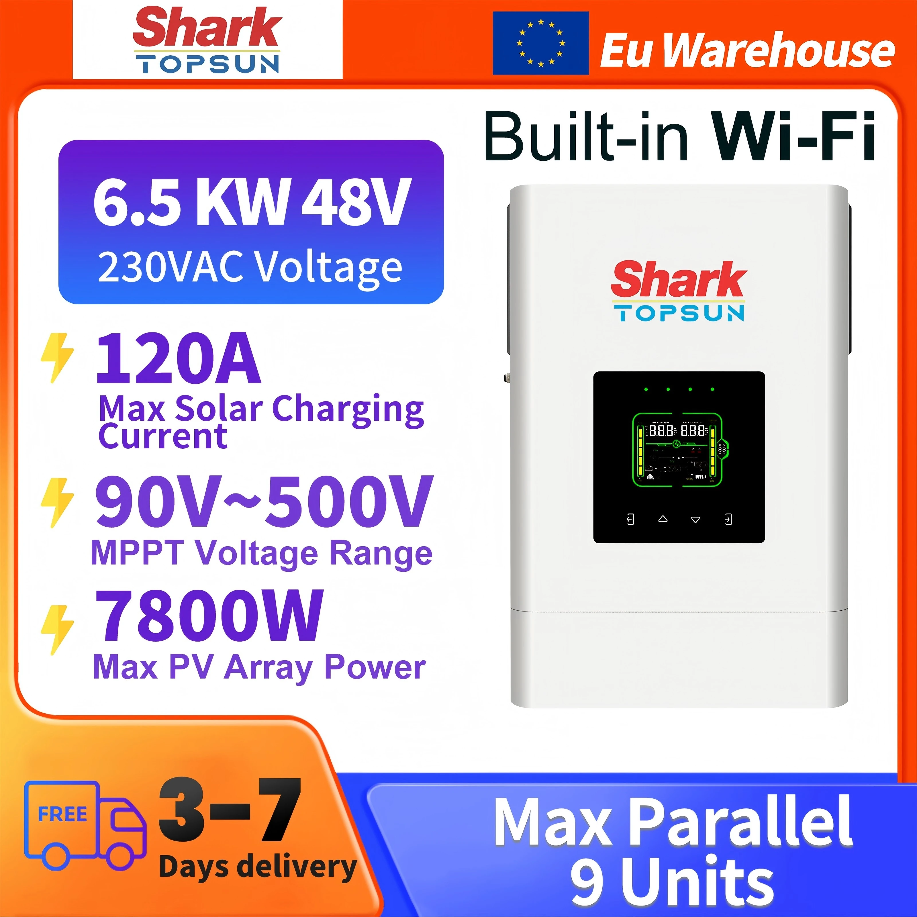 SANDISOLAR 6.5KW Hybrid Solar Inverter 48V 230V 120A MPPT Pure Sine Wave Built-in WiFi Support Parallel 9 Units EU Warehouse