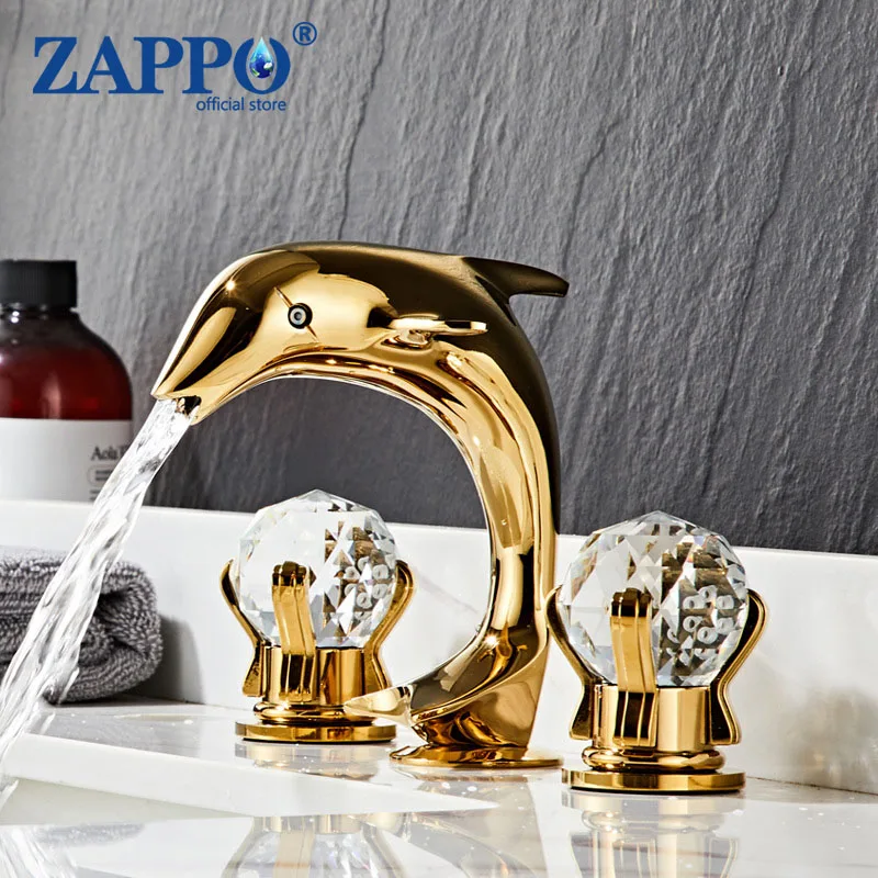 

ZAPPO Dolphin Shaped Bathroom Faucet Daimond Handles Gold Waterfall Basin Sink Faucet Mixer Bathtub Hot and Cold Water Tap Mixer