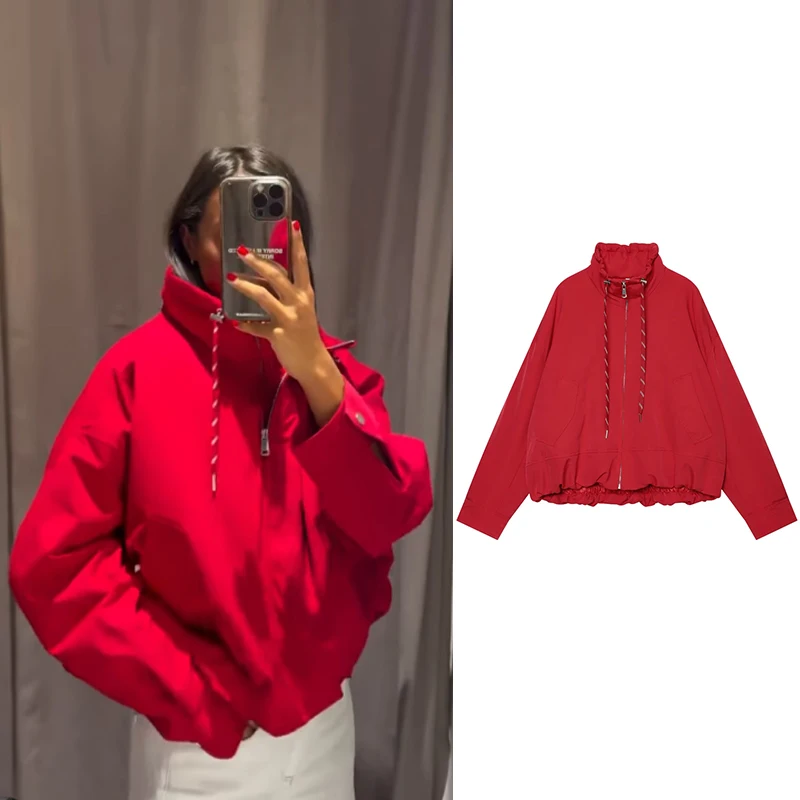 2026 Casual Fashion Stand Collar Jacket Fall/Winter Trendy Loose Zipper Cotton Coat Red Streetwear Top for Women