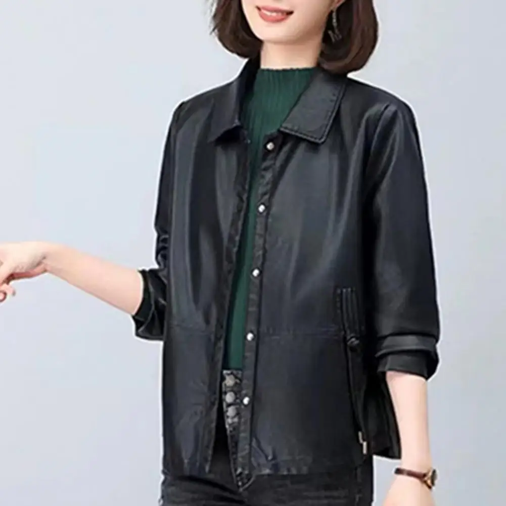 Lapel Jacket Retro Rcycle Coat Women's Faux Leather Jacket with Turn-down Collar Pockets Plus Size Outerwear for Travel