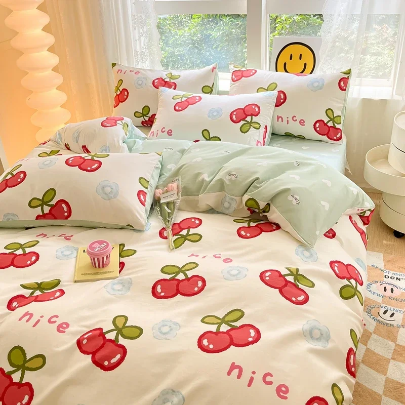 Red Cherry Duvet Cover Set 100% Cotton Fruits Bedding for Boys Girls Teens Cartoon Cherries Pattern Reversible Comforter Covers