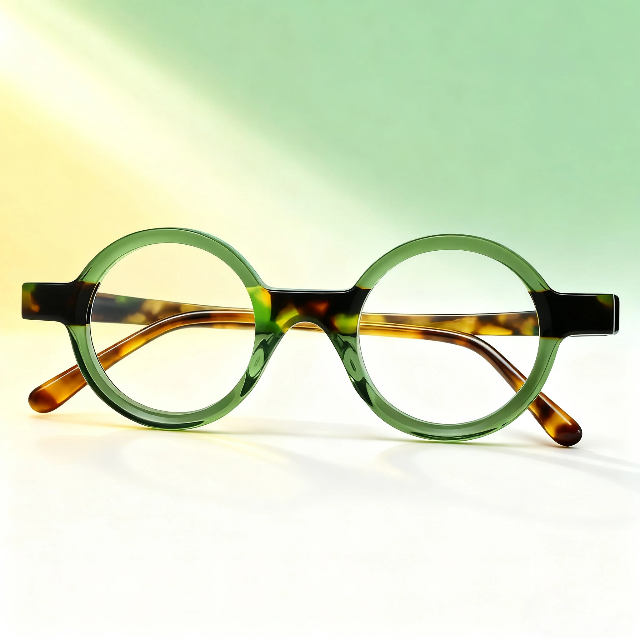 FYTOO Unisex Stylish Round-Frame Glasses Green Tortoiseshell Combo, Durable Acetate, Adds Art Vibe to Outfits, Face-Flattering