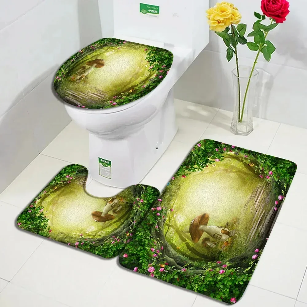 Waterfall Nature Landscape Design Bathroom 3 Piece Set Mats Home Flannel Decorations and Accessories Floor Rugs Toilet Lid Cover