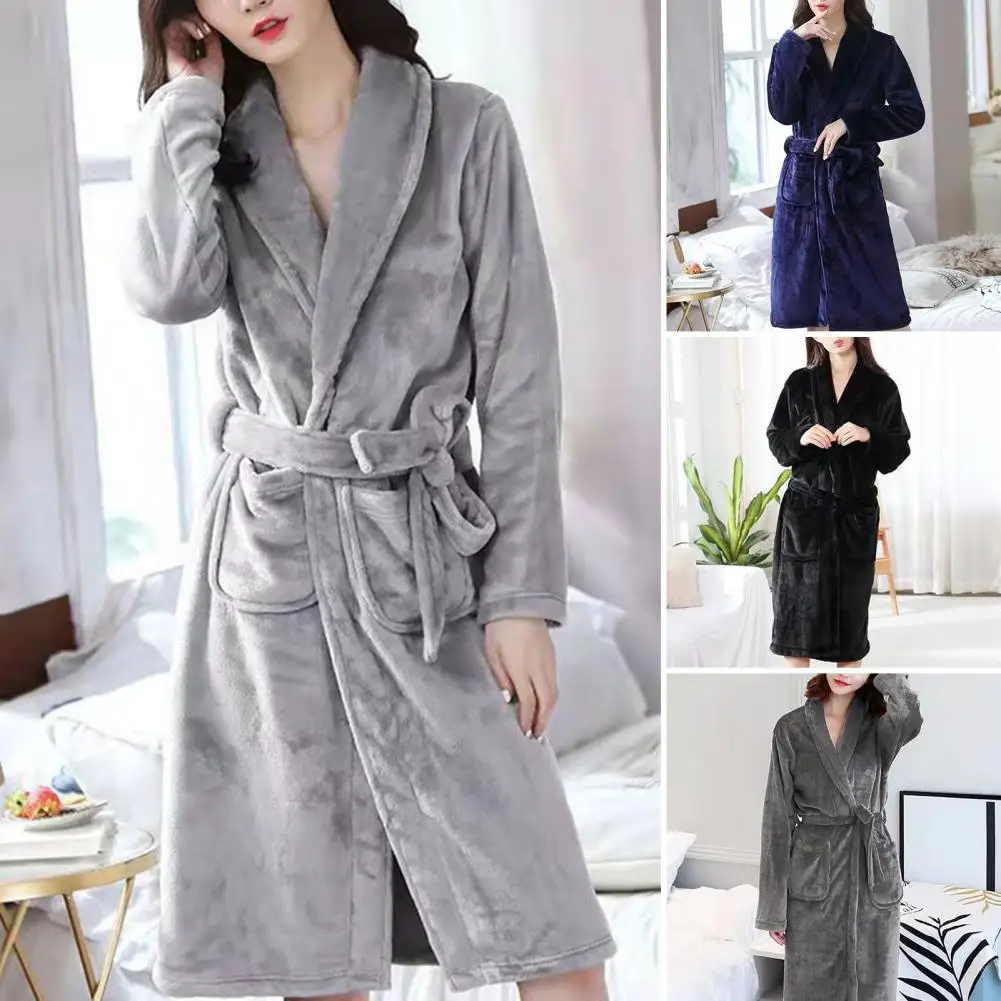 Solid Color Lapel Tie Robe Luxurious Plush Fleece Bath Robe for Men Women Knee-length Lapel Tie Design Cozy Winter Loungewear