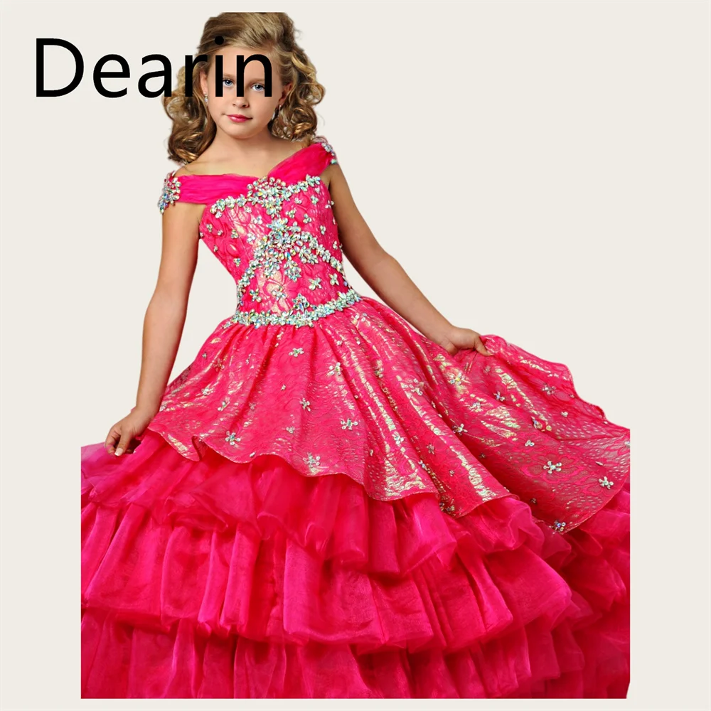 

Customized Flower Girl Dress Dearin Off-the-shoulder A-line Floor Length Skirts Fold Draped Tulle Dresses